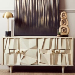 Boho White Washed Solid Carved Mango Wood 4 Door Abstract Large Sideboard 155cm