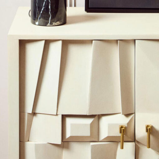 Boho White Washed Solid Carved Mango Wood 4 Door Abstract Large Sideboard 155cm