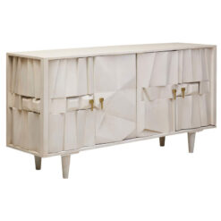 Boho White Washed Solid Carved Mango Wood 4 Door Abstract Large Sideboard 155cm