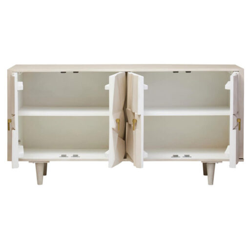 Boho White Washed Solid Carved Mango Wood 4 Door Abstract Large Sideboard 155cm