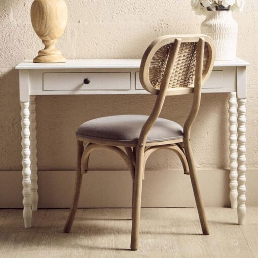 Rustic French Country Bistro Rattan Cane And Solid Grey Washed Elm Wood Dining Chair With Grey Fabric Upholstered Seat