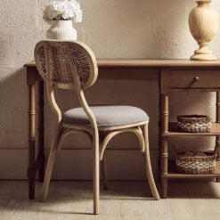 Rustic French Country Bistro Rattan Cane And Solid Grey Washed Elm Wood Dining Chair With Grey Fabric Upholstered Seat