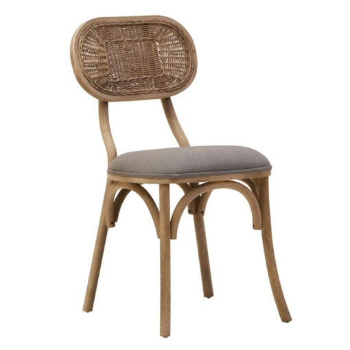 Rustic French Country Bistro Rattan Cane And Solid Grey Washed Elm Wood Dining Chair With Grey Fabric Upholstered Seat