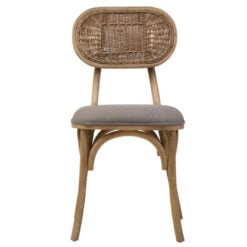 Rustic French Country Bistro Rattan Cane And Solid Grey Washed Elm Wood Dining Chair With Grey Fabric Upholstered Seat