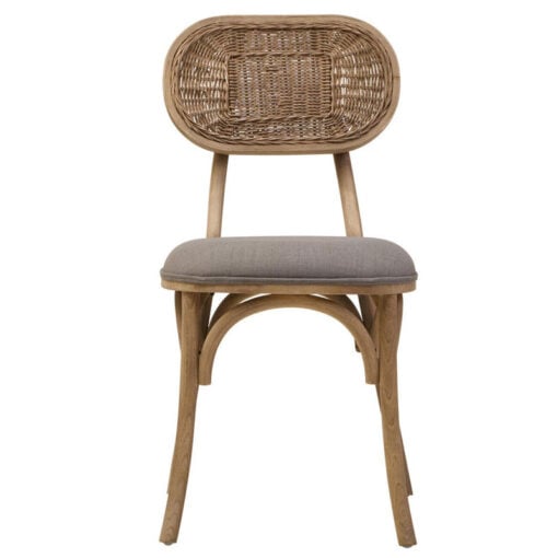 Rustic French Country Bistro Rattan Cane And Solid Grey Washed Elm Wood Dining Chair With Grey Fabric Upholstered Seat