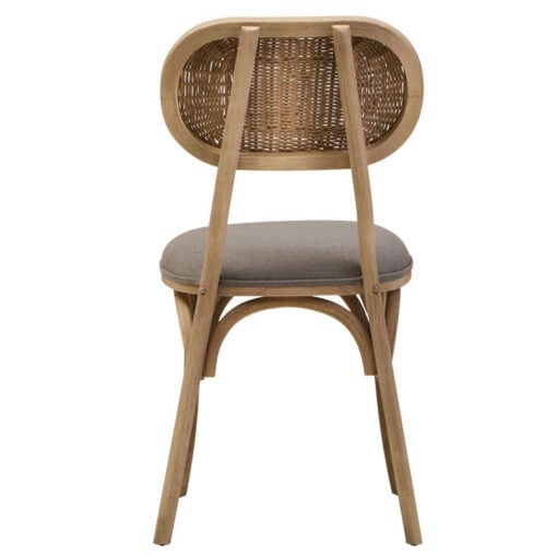 Rustic French Country Bistro Rattan Cane And Solid Grey Washed Elm Wood Dining Chair With Grey Fabric Upholstered Seat
