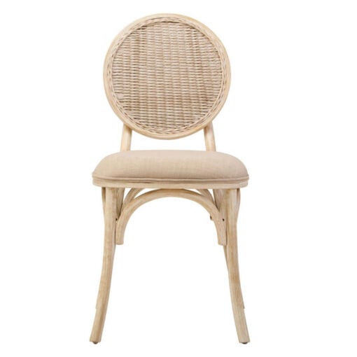 Rustic French Country Bistro Rattan Cane And Solid White Washed Elm Wood Dining Chair With Natural Fabric Upholstered Seat Rustic French Country Bistro Rattan Cane And Solid White Washed Elm Wood Dining Chair With Natural Fabric Upholstered Seat