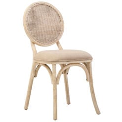Rustic French Country Bistro Rattan Cane And Solid White Washed Elm Wood Dining Chair With Natural Fabric Upholstered Seat