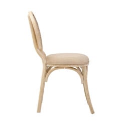 Rustic French Country Bistro Rattan Cane And Solid White Washed Elm Wood Dining Chair With Natural Fabric Upholstered Seat