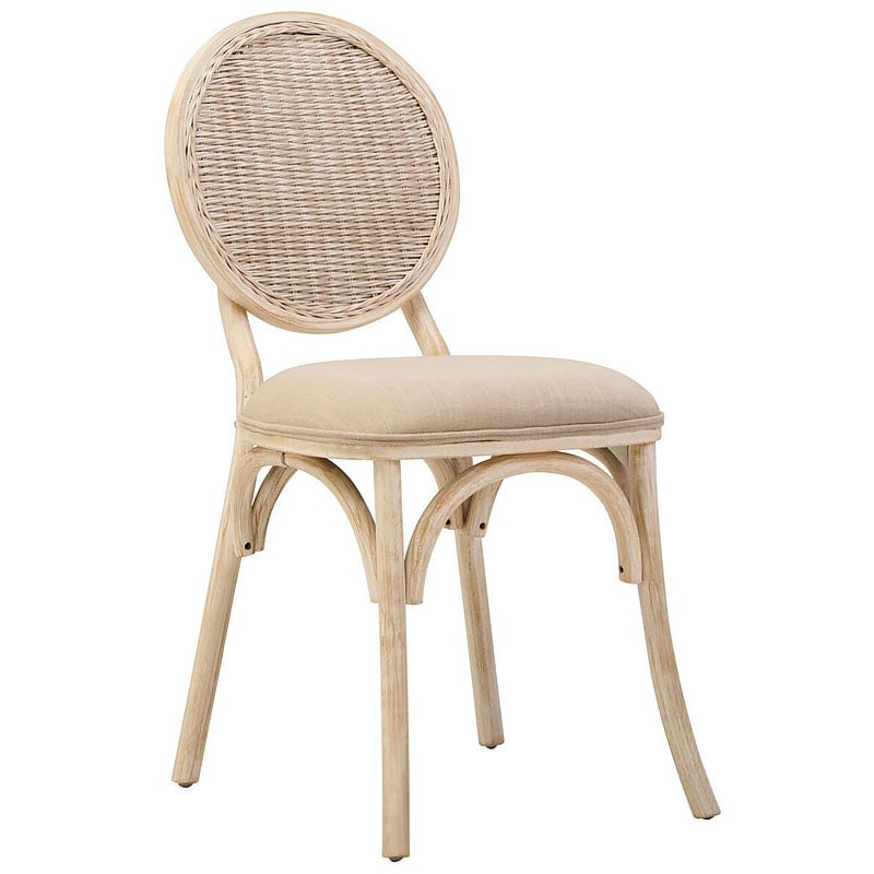 Rustic French Country Bistro Rattan Cane And Solid White Washed Elm Wood Dining Chair With Natural Fabric Upholstered Seat Rustic French Country Bistro Rattan Cane And Solid White Washed Elm Wood Dining Chair With Natural Fabric Upholstered Seat