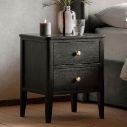 2 Drawer Black Wood Bedside Cabinet Side Table With Gold Metal Handles