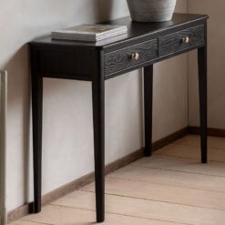 2 Drawer Black Wood Slim Console Table With Gold Metal Handles