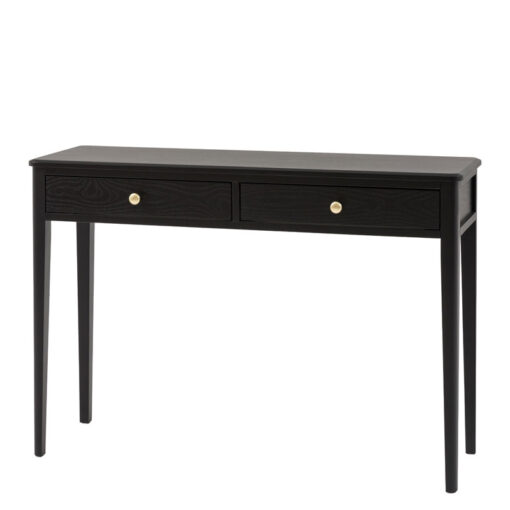 2 Drawer Black Wood Slim Console Table With Gold Metal Handles