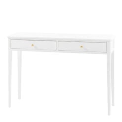 2 Drawer White Wood Slim Console Table With Gold Metal Handles
