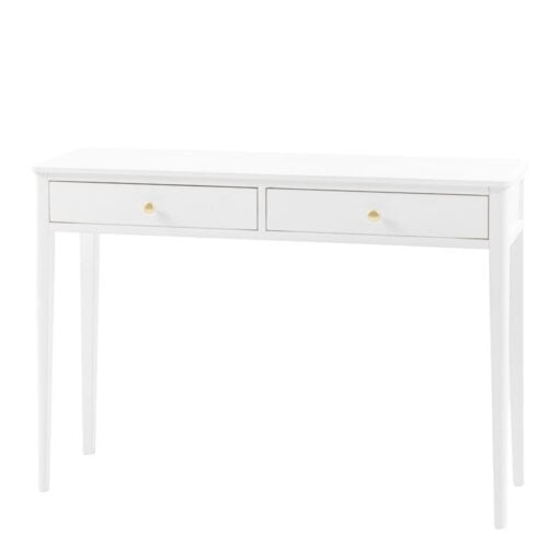2 Drawer White Wood Slim Console Table With Gold Metal Handles