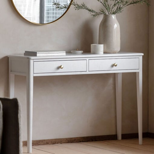 2 Drawer White Wood Slim Console Table With Gold Metal Handles