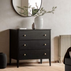 3 Drawer Black Wood Chest Of Drawers With Gold Metal Handles