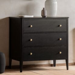 3 Drawer Black Wood Chest Of Drawers With Gold Metal Handles