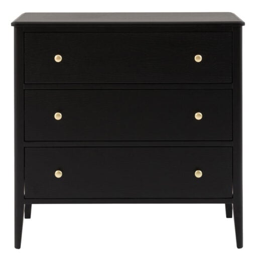 3 Drawer Black Wood Chest Of Drawers With Gold Metal Handles
