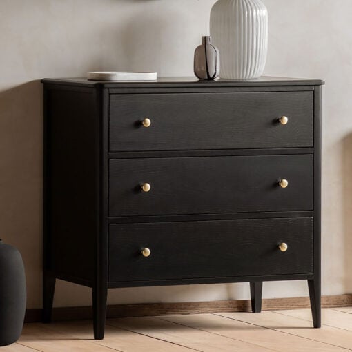 3 Drawer Black Wood Chest Of Drawers With Gold Metal Handles