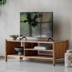 Boho Rustic Solid Light Acacia Wood 3 Tier Open TV Stand Media Unit 145cm