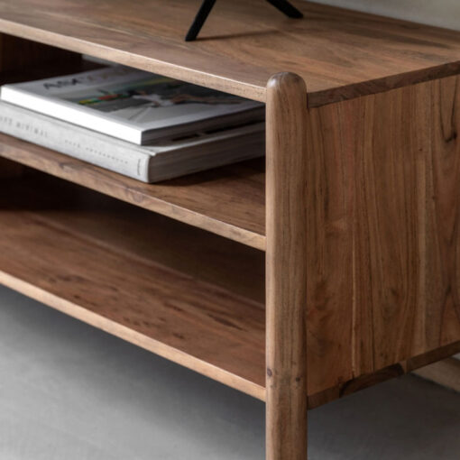 Boho Rustic Solid Light Acacia Wood 3 Tier Open TV Stand Media Unit 145cm