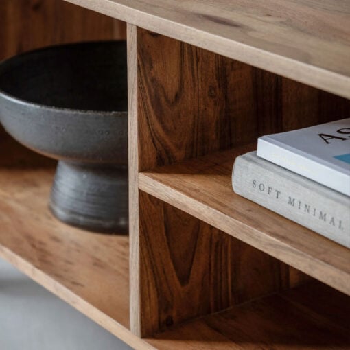 Boho Rustic Solid Light Acacia Wood 3 Tier Open TV Stand Media Unit 145cm