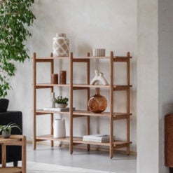 Boho Rustic Solid Light Acacia Wood 4 Tier Open Shelving Display Unit