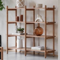 Boho Rustic Solid Light Acacia Wood 4 Tier Open Shelving Display Unit