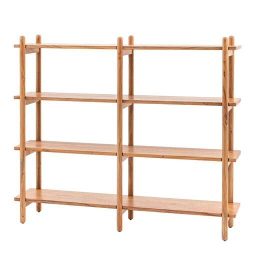 Boho Rustic Solid Light Acacia Wood 4 Tier Open Shelving Display Unit
