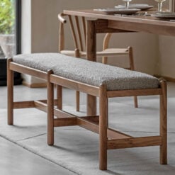 Boho Rustic Solid Light Acacia Wood And Grey Boucle Fabric Upholstered Backless Dining Bench 160cm