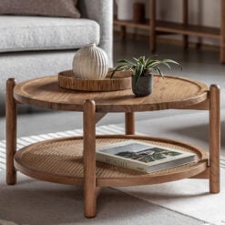 Boho Rustic Solid Light Acacia Wood And Rattan 2 Tier Round Coffee Table 80cm