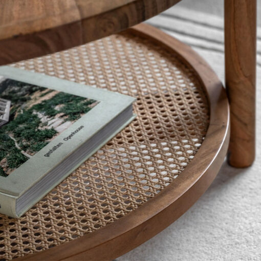 Boho Rustic Solid Light Acacia Wood And Rattan 2 Tier Round Coffee Table 80cm