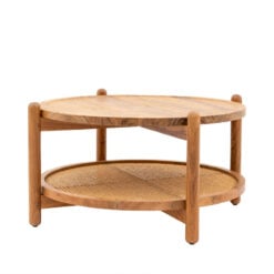 Boho Rustic Solid Light Acacia Wood And Rattan 2 Tier Round Coffee Table 80cm