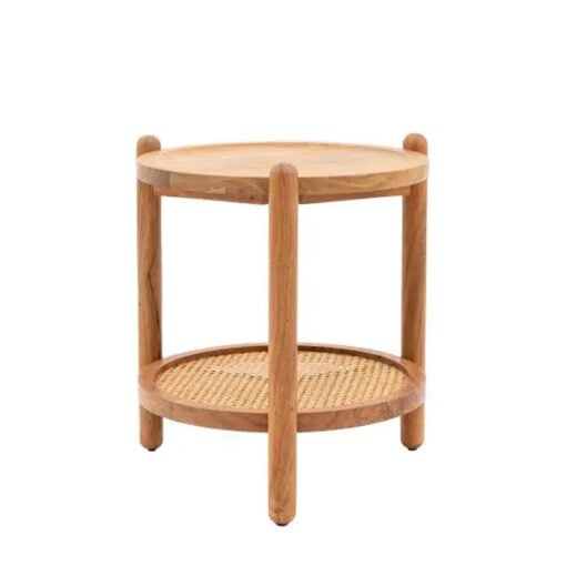 Boho Rustic Solid Light Acacia Wood And Rattan 2 Tier Round Side Table