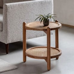 Boho Rustic Solid Light Acacia Wood And Rattan 2 Tier Round Side Table