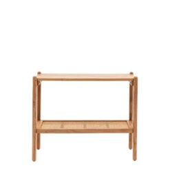 Boho Rustic Solid Light Acacia Wood And Rattan 2 Tier Slim Console Table 100cm