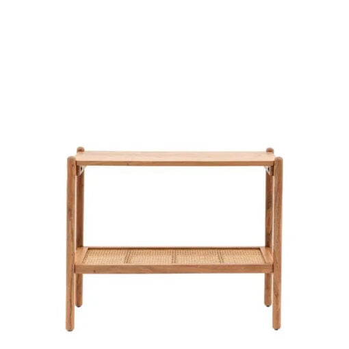 Boho Rustic Solid Light Acacia Wood And Rattan 2 Tier Slim Console Table 100cm