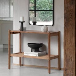Boho Rustic Solid Light Acacia Wood And Rattan 2 Tier Slim Console Table 100cm
