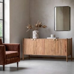 Boho Rustic Solid Light Acacia Wood Large 4 Door Sideboard With Gold Handles 175cm