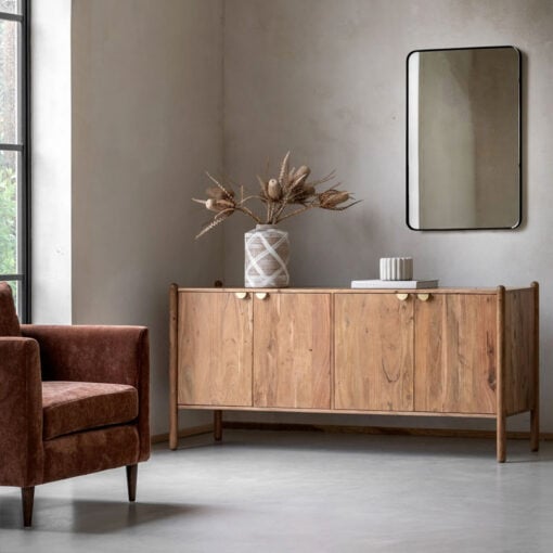 Boho Rustic Solid Light Acacia Wood Large 4 Door Sideboard With Gold Handles 175cm