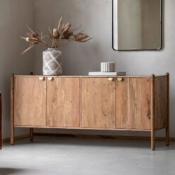 Boho Rustic Solid Light Acacia Wood Large 4 Door Sideboard With Gold Handles 175cm
