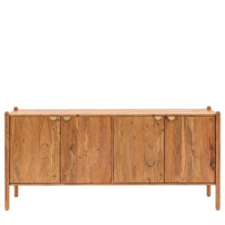 Boho Rustic Solid Light Acacia Wood Large 4 Door Sideboard With Gold Handles 175cm