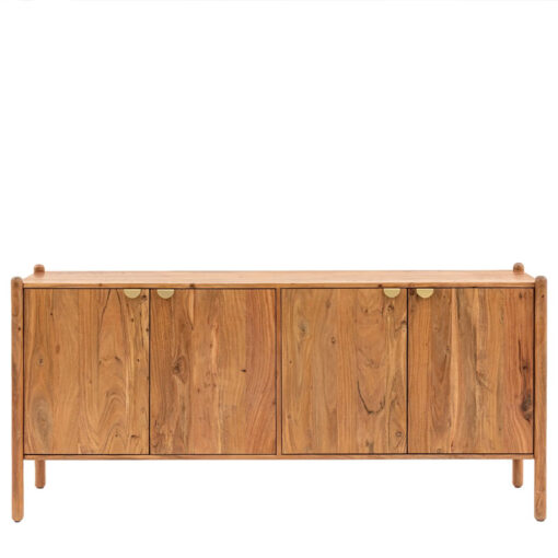 Boho Rustic Solid Light Acacia Wood Large 4 Door Sideboard With Gold Handles 175cm