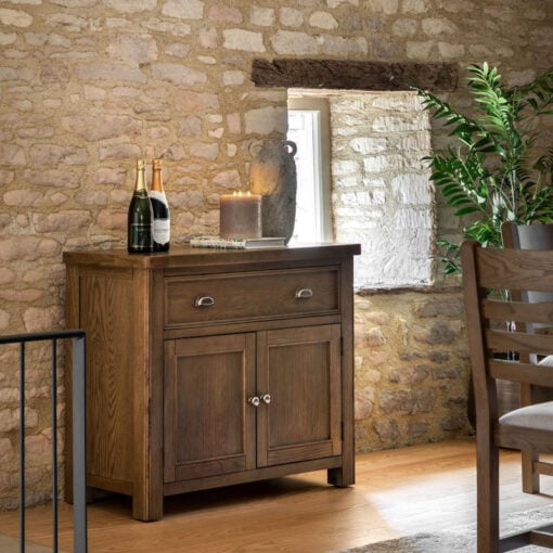 Rustic Country Dark Oak Wood 1 Drawer 2 Door Small Sideboard Cabinet 106cm