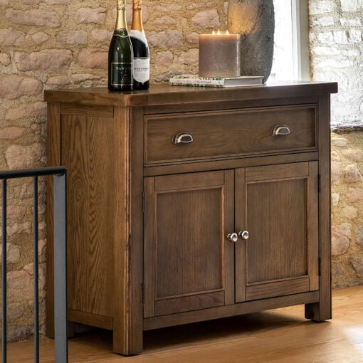 Rustic Country Dark Oak Wood 1 Drawer 2 Door Small Sideboard Cabinet 106cm