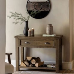 Rustic Country Dark Oak Wood 1 Drawer 2 Tier Console Table 106cm