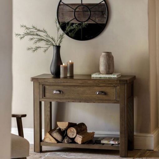 Rustic Country Dark Oak Wood 1 Drawer 2 Tier Console Table 106cm