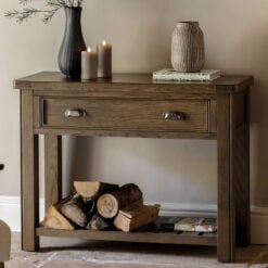 Rustic Country Dark Oak Wood 1 Drawer 2 Tier Console Table 106cm