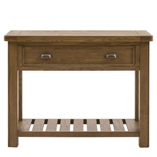 Rustic Country Dark Oak Wood 1 Drawer 2 Tier Console Table 106cm